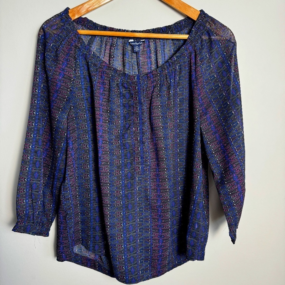 American Eagle Outfitters Navy Blue and Purple Patterned Peasant Blouse